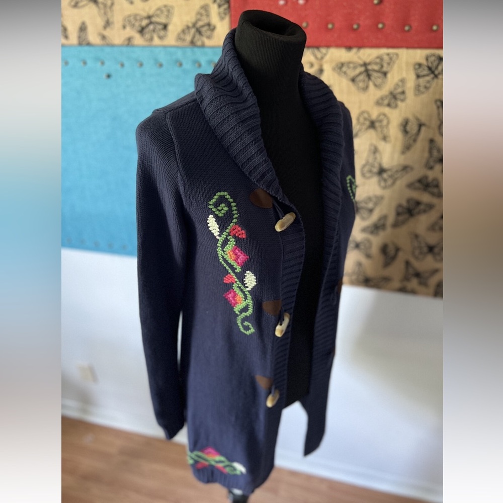 Hanna Andersson MAMA Longline Navy Embroidered Cotton Cardigan Sweater